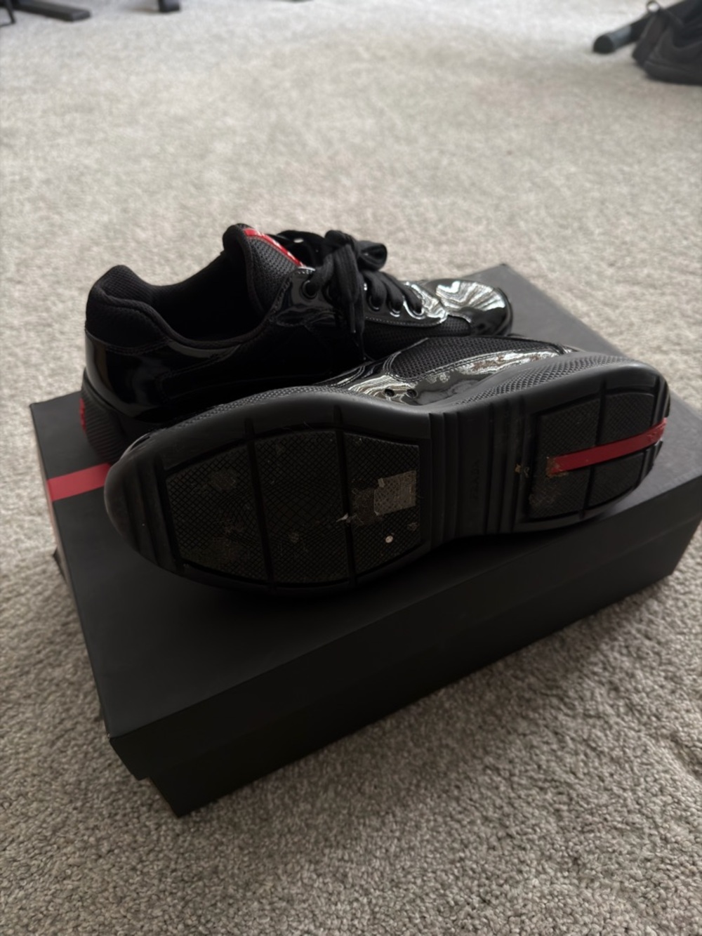Prada Black Patent Low-Top Sneakers with Red Accents - Picture 2 of 3